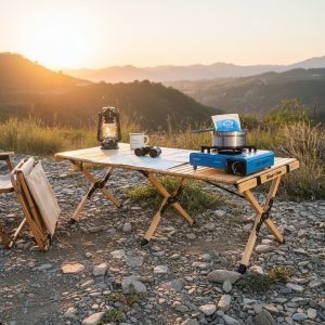 Mesa de madeira dobrável para acampamento
